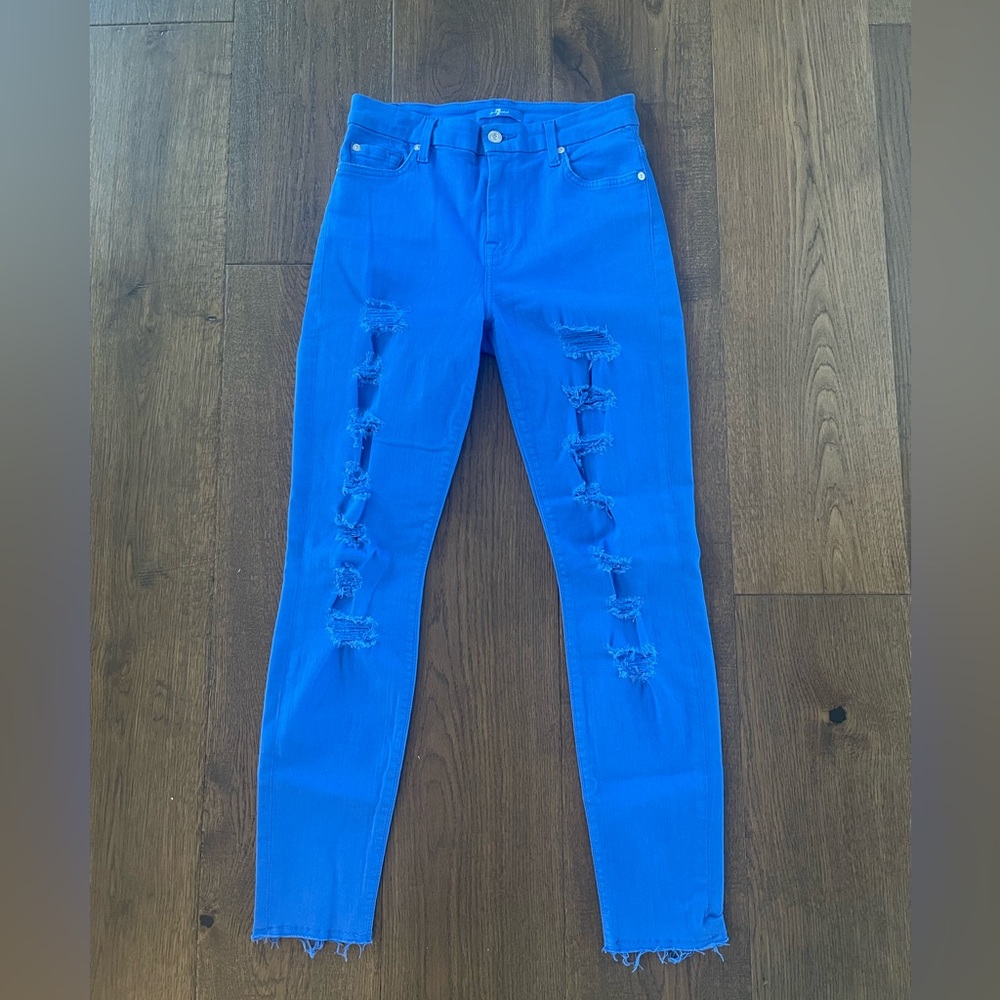 7 for all mankind blue colored denim skinny high rise ripped jeans size 26